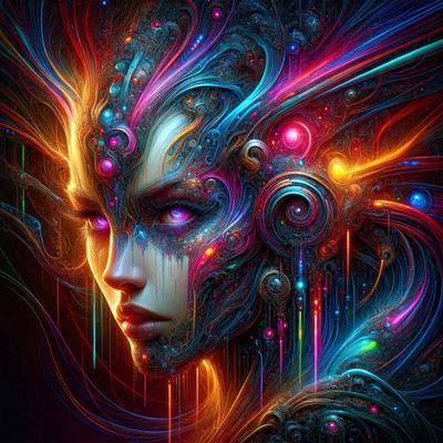 The primary subject of the image is a woman with a unique and intricate design on her face. The setting is a colorful and vibrant environment, with a backdrop of a colorful, swirling, and abstract design. The visual style is a digital art or illustration, showcasing the woman's face as the main focus of the image. The colors and mood of the image are lively and energetic, with a mix of bright and bold colors that create a captivating and eye-catch
